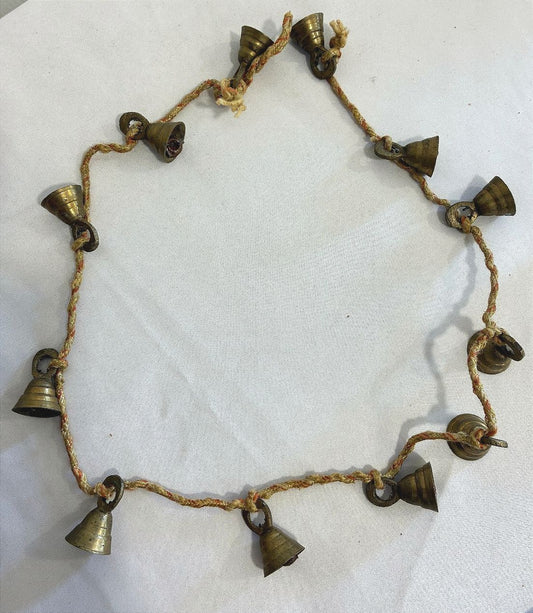 Vintage Brass Bell Garland, Rustic Hanging Bells on Rope, Boho Wall Decor, Indian Brass Bells, Farmhouse Decor, Vintage Finds