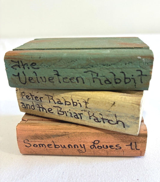 Vintage Hand Painted Wooden Bunny Book Stack Shelf Decor